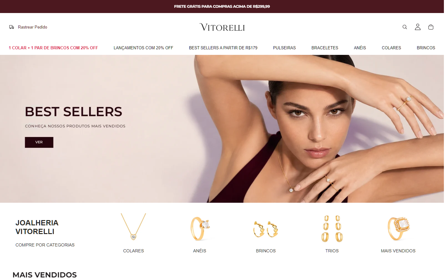Página inicial do e-commerce Vitorelli Joias desenvolvido pela Atlas